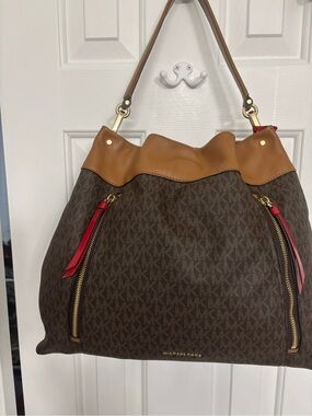 Michael Kors Lex Brown Signature Monogram Shoulder Bag with Tan Trim & Red Acc